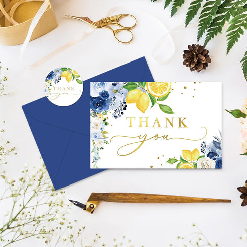Summer 24 Pack Whaline Blue Lemon Floral Thank You Cards Bulk Watercolor Flower Lemon Thank You Note Card with Stickers