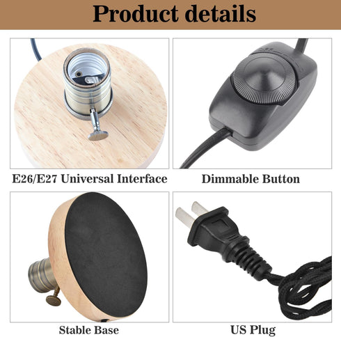 Tissting Vintage Wooden Lamp Base E26/E27 Table Lamp Holder with Dimmable Button for Mini Short Desk Lamp