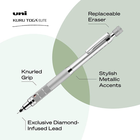 Uniball Kuru Toga Elite Mechanical Pencil Starter Kit with Silver Barrel and 0.5mm Tip, 60 Lead Refills, and 5 Pencil Eraser Refills, HB #2, Office Supplies, School Supplies, Drafting(Pack of 1) by Uni-Ball