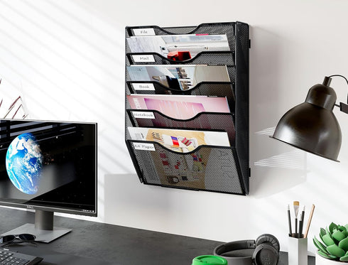 PAG 5 Tier Hanging Wall File Holder, Mesh Office Organizer for Papers/Folders/Files, Black