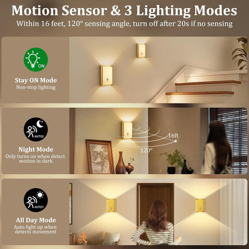 Set 2: 5000mAh 3CCT Dimmable Closet Battery Operated Wall Sconce of Rechargeable Motion Sensor Night Light Indoor