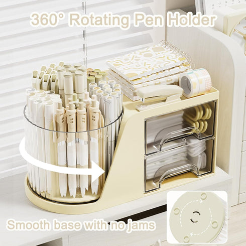 SAYEEC Rotating Desk Organizer with 2 Drawers, 6 Slots for Pencil Pen Holder and Makeup Storage
