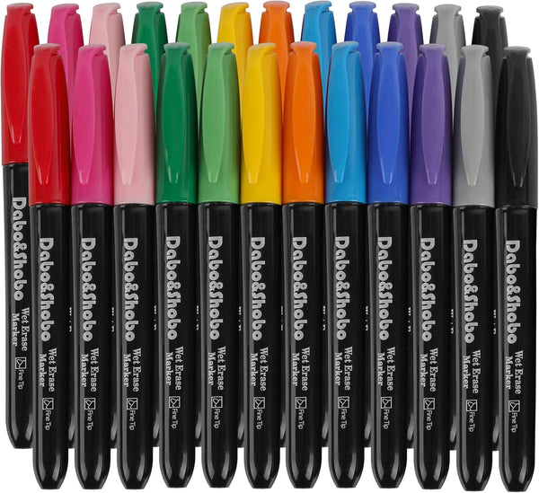 Dabo&Shobo Wet Erase Markers, 24-Count Smudge-Free Fine Tip, Erases With Water for Office, School, Home