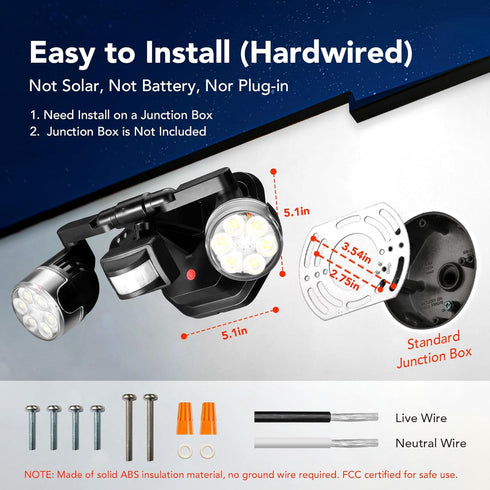 450 3-Head 2500 IP65 OREiN Outdoor Motion Sensor Security Light, Adjustable Floodlight, Lumens Bright Hardwired Dusk