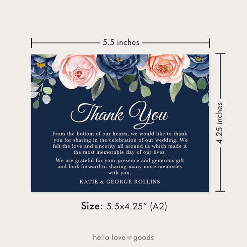 5.5x4.25 Personalized Wedding Thank You Cards with Message, Navy Blue Flat Thank You Note Cards with Pink Floral