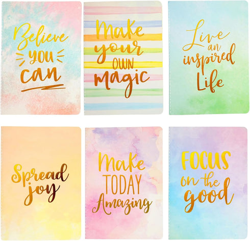 Paper Junkie 6 Pack Inspirational Notebooks, A5 Motivational Soft Cover Journals, Watercolor Designs, Gift Set