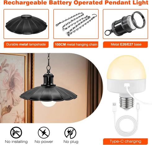 Puanticn Dimmable 25x6cm 1 Rechargeable Battery Operated Hanging Light, Pendant Light with Remote, Detachable Black