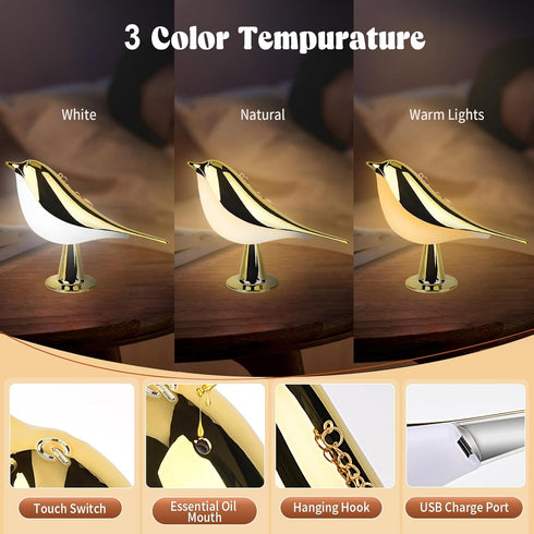 Small Bird Touch Lamp, Dimmable and Cordless Bird Night Light, USB Rechargeable Touch Sensor Control Table and Desk Lamp with Aroma Diffuser Function for Bedroom (Gold) by YOTOZU