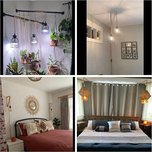 CAFULAM Industrial Hanging Light with Plug in Cord - Hemp Rope On/Off Switch, Farmhouse Pendant Light for Dining Room