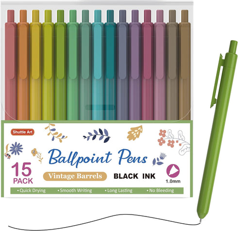 Shuttle Art Ballpoint Pens, 15 Pack Vintage Retractable Black Ink, 1.0mm Medium Point for Writing and Journaling