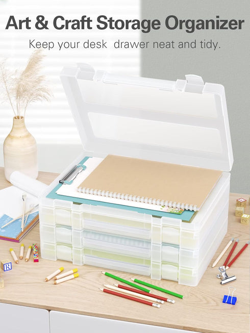 Denkee 4 Pack Large Thick Durable A4 File Portable Project Case, Plastic Scrapbook Storage Box for Office Supplies