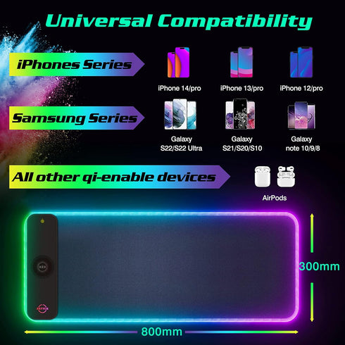 RGB LED Mouse Pad with 15W Wireless Charger, Extra Large Non-Slip Rubber Base Gaming Mousepad for PC