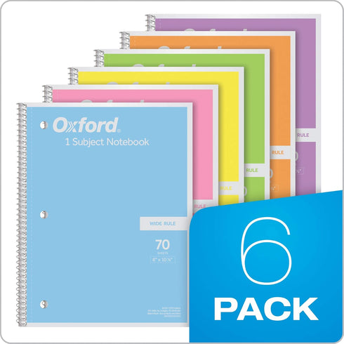 Oxford Spiral Notebook 6 Pack, 1 Subject, Wide Ruled Paper, 70 Sheets, 8 x 10-1/2 Inch, Pastel Pink, Orange, Yellow,