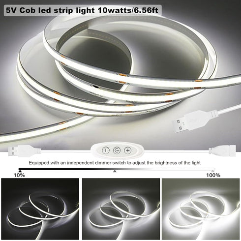 5V Dimmable 6500K CRI93+ 6 Dimmer, 3D COB LED Strip Lights USB Powered White ft Dotless LED Tape Light with Flexible