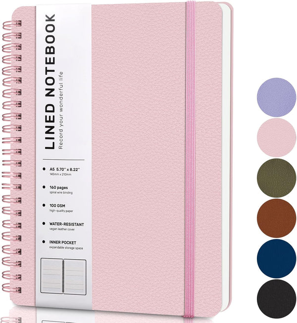 Lined Spiral Journal Notebook - A5 Hardcover Leather, 5.7''×8.2'', 100GSM Thick Paper, Spiral Bound for Women & Men