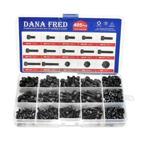 Hex Socket Head Cap Screws, Metric Thread Hexagon Allen Drive Machine Bolt Nuts, 405pcs Black 12.9 Class M3 M4 M5