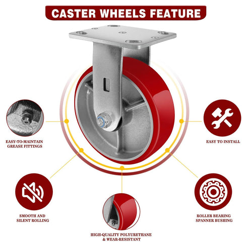 6" X 2" Industrial Rigid Caster, Heavy Duty, Load Capacity 1200lbs, Polyurethane Wheel on Steel Hub