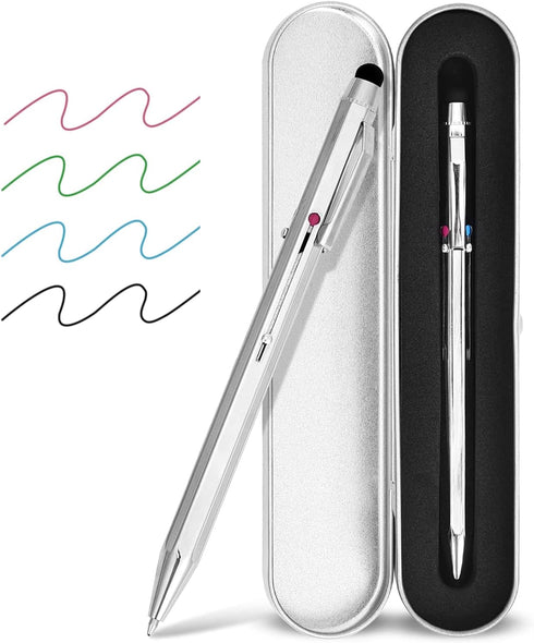 SMTTW 5-in-1 Stylus Pen&Multicolored Pen in One, Multifunction Pen with Metal Gift Box,Black Blue Red Green Ballpoint Pen Ipad with Universal Stylus Multicolor Pen for Touch Screens(Silver) by smttw