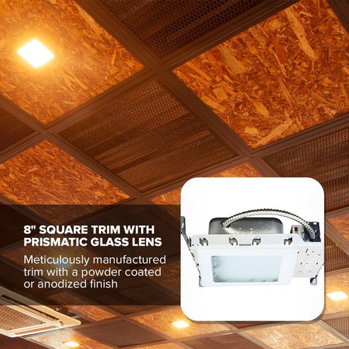 8" 42W, E26 ELCO Lighting Square Trim with Prismatic Glass Lens, Recessed Ceiling Light Cover, Base, White Finish