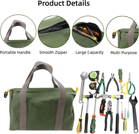 12 Inch Wide Mouth Tool Bag, Heavy Duty Canvas Tool Storage Bag, Large Capacity for Electricians