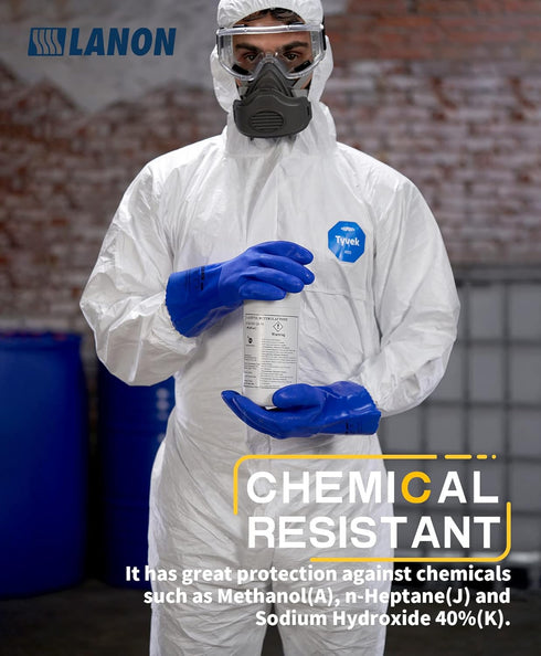 LANON PVC Chemical Resistant Gloves, Heavy-Duty Rubber Gloves, Non-Slip, Blue, Large, Acid, Alkali, Oil Protection