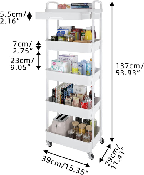 Calmootey 5-Tier Rolling Utility Cart with Drawer, Multifunctional Storage Organizer with Plastic Shelf & Metal Wheels,