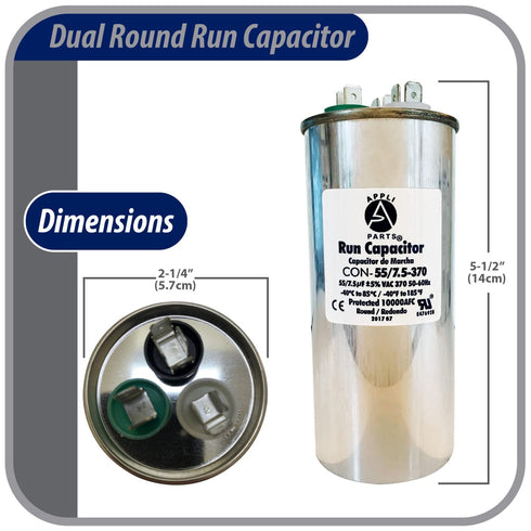 Appli Parts Dual Run Capacitor for ac 60+10 Mfd uF (microfarads) 370VAC CBB65 Round Universal fit for hvac and other applications 2-1/4 in Wide 5-1/2 in Height CON-60/10-370-R