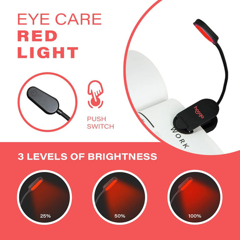 625nm Hooga Red Book Light, Clip On LED Light for Reading in Bed, No Blue Light, Eye Care, Gift for Students, Kids