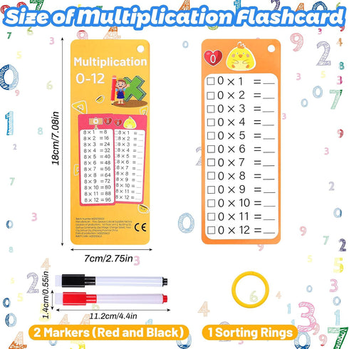 Sibba 0-12, 18PCS Multiplication Flash Cards Reusable Math Times Table Flashcards, with Dry Erase Markers Sorting Ring