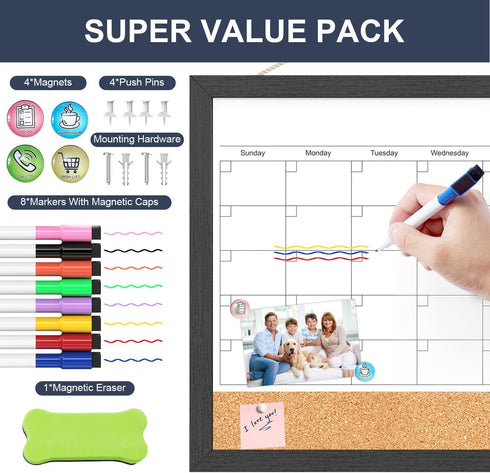 Dry Erase Calendar for Wall, 17"x13" Cork Board Combo with Magnetic White Board