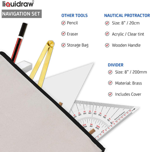 Set 6 Set 8" Liquidraw Marine Navigation of | Universal Nautical Protractor Squares with Solid Brass Divider, Pencil