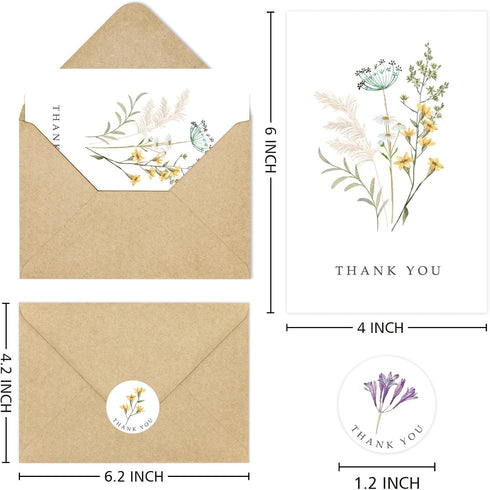 Rtisaeu 96 Pack 4 6 Inch Floral Thank You Cards with Envelopes, Wildflower Thank You Notes with Kraft Envelopes