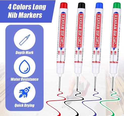 Tucnoeu 12pcs Long Head Deep Hole Marker, Long Nib Marker Multi-purpose Deep Hole Markers Pens for Construction