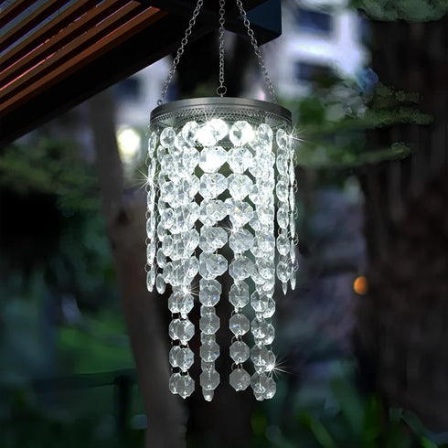 LEWIS&WAYNE Hanging Solar Crystal Chandelier Outdoor, 21 Modern Solar Transparent Acrylic Beaded Lantern