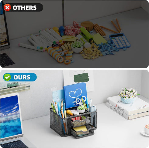 Marbrasse Mesh Desk Organizer, Pen Organizer with 2 Drawers, 5 Compartments for Office Art Supplies, Black