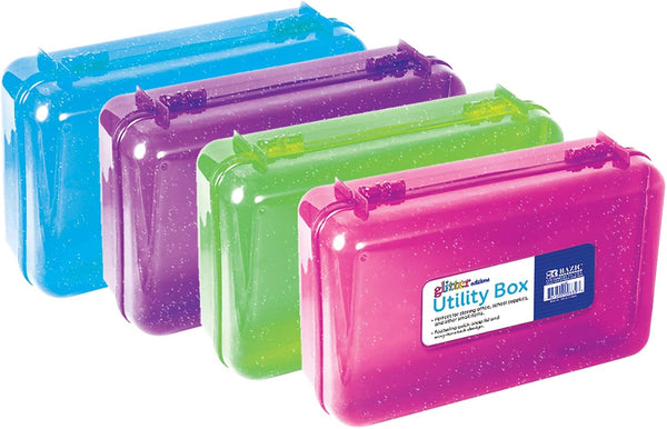 BAZIC 4-Pack Plastic Pencil Case Utility Storage Box, Multi-Purpose Organizer for Pens Pencils, Glitter Bright Color