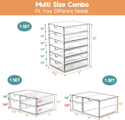 Makeup Drawer Storage Organizer with 13 Drawers, 3 Set Acrylic Office Desk Organization for Makeup, Jewelry, Bathroom