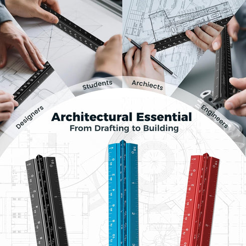 Rena Chris 12" Architectural Scale Ruler, Aluminum Alloy Metal Measuring Tools for Engineering Drafting