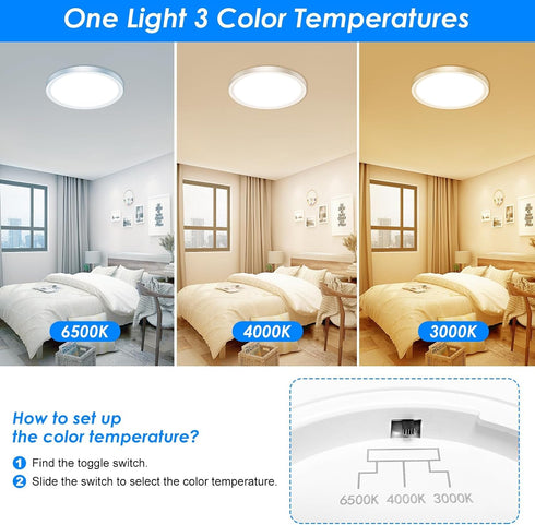 12 Inch 24W 3000K/4000K/6500K Peasur LED Ceiling Light Brushed Nickel, Slim Flush Mount Ceiling Light Adjustable