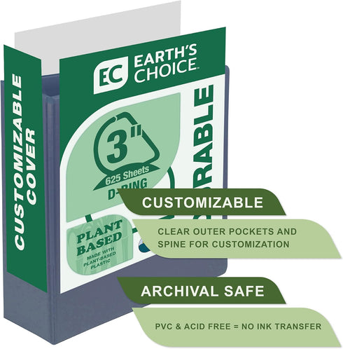 Samsill Earth's Choice, 3-Inch Durable D-Ring View Binder, 2 Pack, USDA Certified Biobased, Eco-Friendly, Indigo Blue