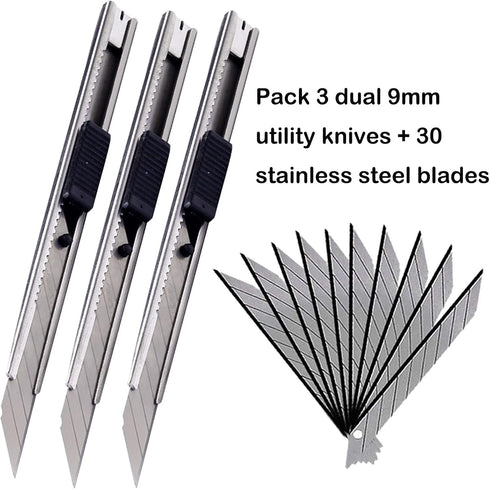 9mm Snap Off Utility Knife 3 Pack, High Hardness Retractable Box Cutters with 30 Pcs Blades