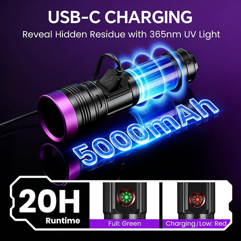 20W 365nm Rechargeable,5000mAh UV Flashlight Black Light Flashlight,Powerful Ultraviolet Blacklight,UV Lamp for Pet