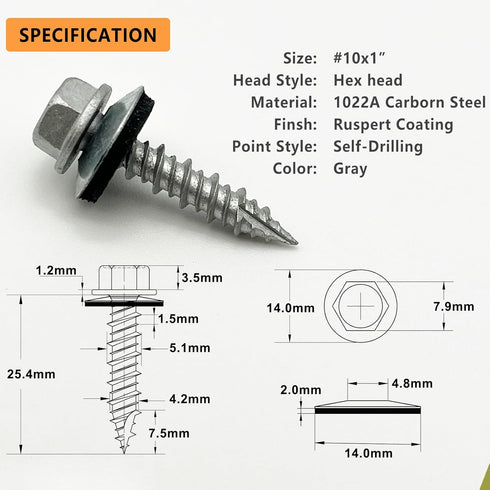 #10 x 1" Hex Head Sheet Metal Roof Screws, Rustpert Coating Metal to Wood Siding Screws, 60 Pieces