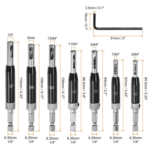 7pcs Self Centering Drill Bit Set 5/64-1/4" 5mm, 1/4" Hex Shank Drilling Bits for Wood Working, Cabinet Door Hinge Hole Punch Tool Self Center with Hex Keys L-Shaped, Black
