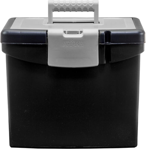 Storex Portable File Storage Box with Translucent Organizer Lid for Letter Paper, Black