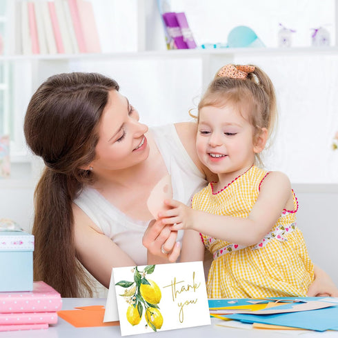 50 Pack Summer Whaline Lemon Gold Foil Thank You Cards Boxed Greeting Cards with Envelopes Stickers Yellow Lemon Flower
