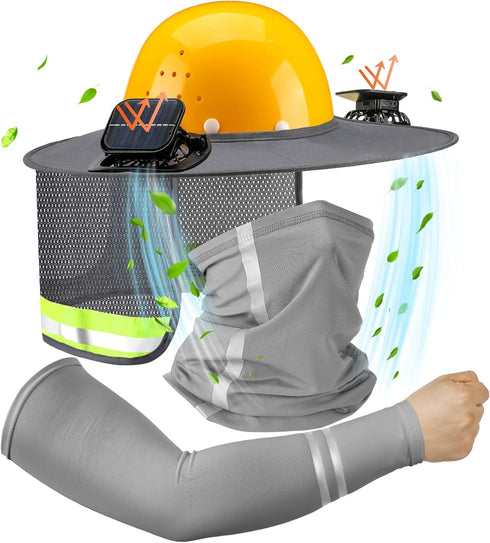 1 Set 2 Sun Hard Hat Shade Full Brim Hard Hat Sun Visor with Solar Fans and Neck Sunshade Cover UV Reflective Strap Arm