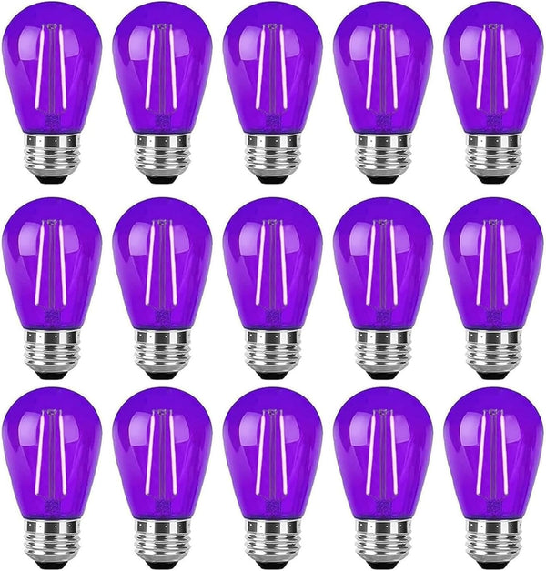 15 Pack 2W S14 LED Bulbs, Purple Christmas Replacement Bulb, E26 Base, Plastic Decorative for Outdoor Decor