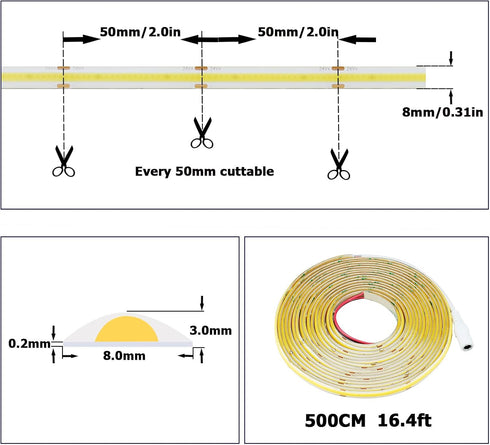 24V 3000K 16.4ft 4000Lm CRI>90 480LEDs/M TOPAI COB LED Strip Warm White Outdoor Waterproof Super Bright Self Adhesive