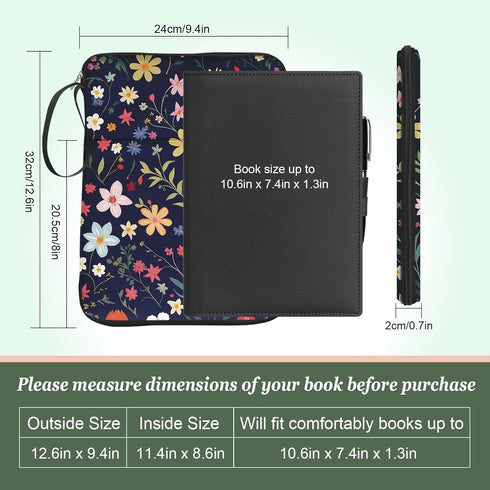 Floral Print Cute Book Sleeve, Waterproof PU Leather Travel Book Carrying Case, Book Protector Cover Bag with Zipper,